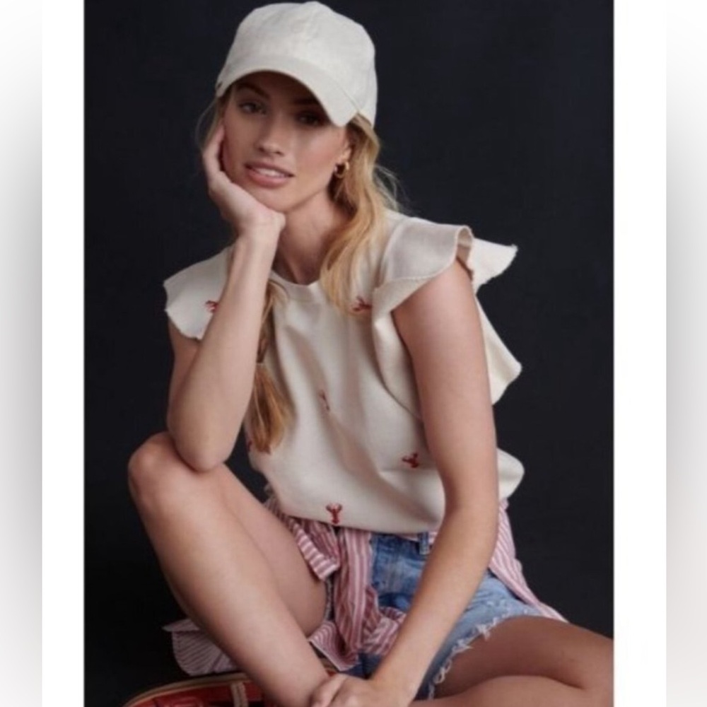 Anthropologie t.la Sleeveless Lobster Embroidered  Ruffled Sweatshirt, XS